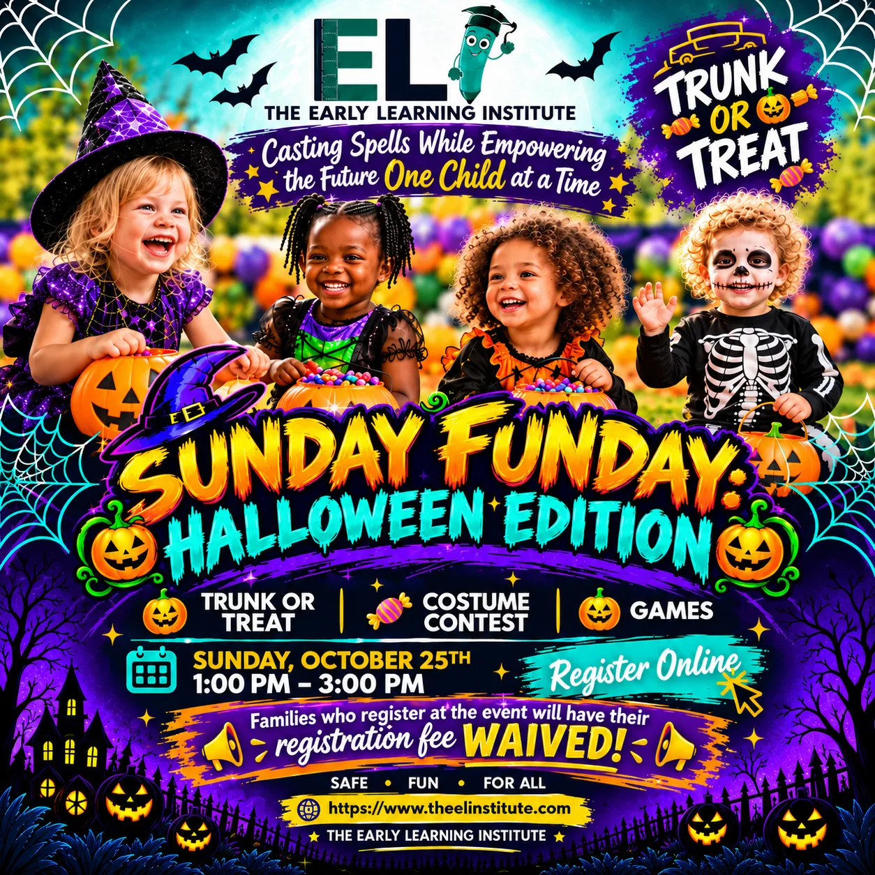 Sunday Funday: Halloween Edition at The Early Learning Institute — Trunk or Treat, Costume Contest, and Games. Sunday, October 25th, 1:00 PM – 3:00 PM. Families who register at the event will have their registration fee waived.
