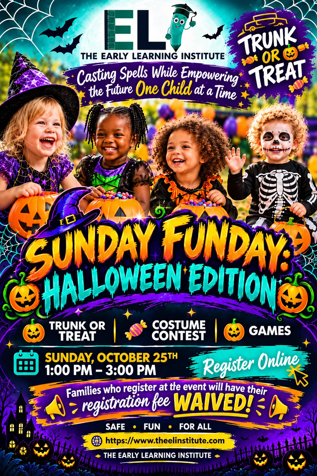 Sunday Funday: Halloween Edition at The Early Learning Institute — Trunk or Treat, Costume Contest, and Games. Sunday, October 25, 2026, 1:00 PM – 3:00 PM. Families who register at the event will have their registration fee waived.