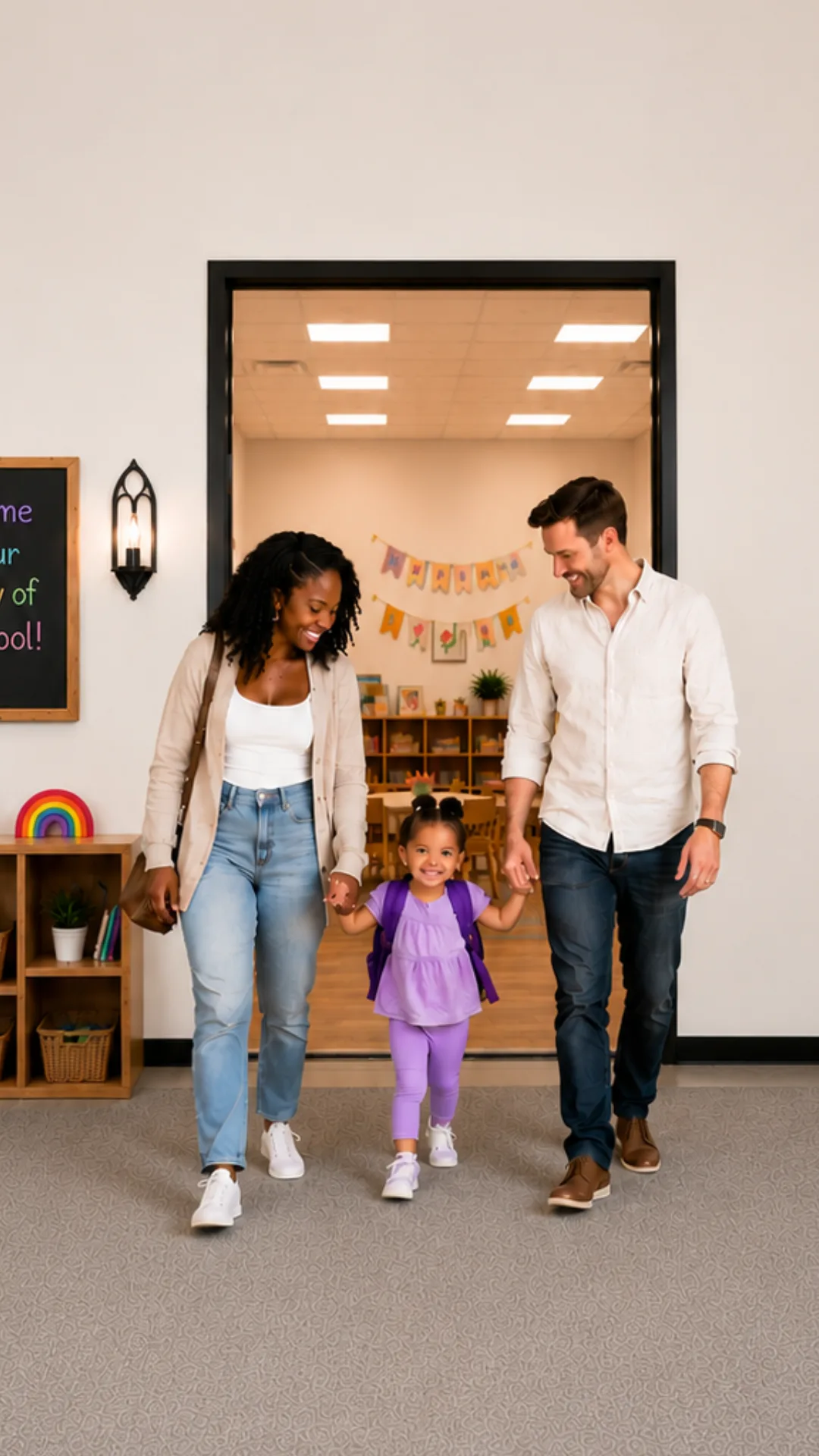 Family arriving for first day of preschool